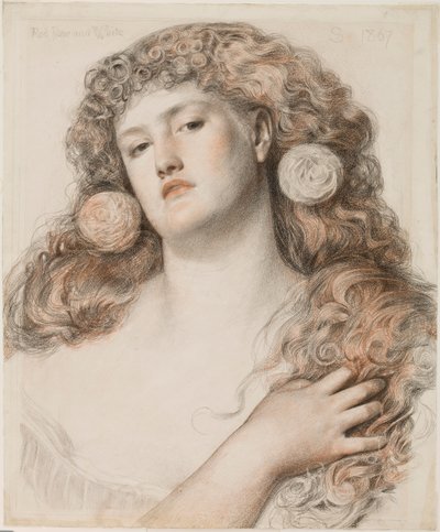 赤いバラと白、1867年（紙にチョーク） 作： Anthony Frederick Augustus Sandys