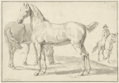 牧草地に 2 頭の馬、右側にライダー 作： Anthony Jacobus Offermans