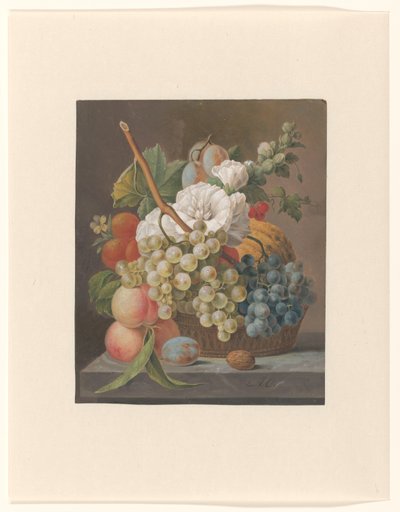 バスケットに花と果物のある静物 作： Anthony Oberman