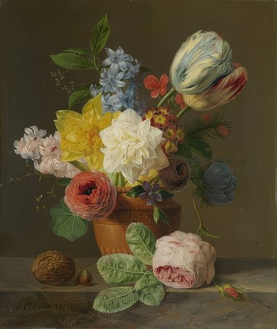 花とナッツのある静物。 1830年頃 作： Anthony Oberman