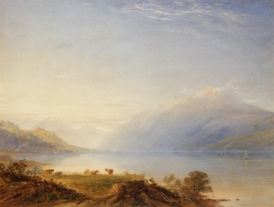 山を越えた湖畔の牛 (水彩) 作： Anthony Vandyke Copley Fielding