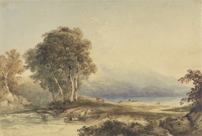 湖と小川のある山岳風景（織り紙のグラファイト上のトイレ） 作： Anthony Vandyke Copley Fielding