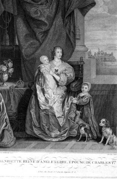 女王ヘンリエッタ・マリア（1609-69）チャールズ1世の妻と2人の子供たち、ヘンリー・ボンヌフォイ（fl.1880-89）（エングレーヴィング） 作： Anthony van (after) Dyck