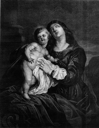 聖母と幼いイエス。アントン・ヴァン・ダイク(1599-1641)の絵画に基づくエングレーヴィング。1880年12月25日付「Le Monde Illustré」1239号に掲載されたエングレーヴィング。 作： Anthony van (after) Dyck