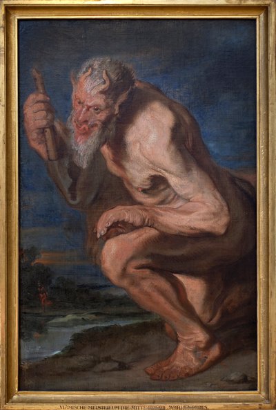 オウロを持って跪くマルシアス。ヴァン・ダイク（1599-1641）の作品とされる油彩・カンヴァス画 作： Anthony van (attr. to) Dyck