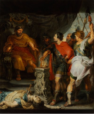 Caius Mucius Scaevola、Porsenna王家の衛兵に捕らえられたローマの若い家長（Porsinna, Porsena 作： Anthony van Dyck