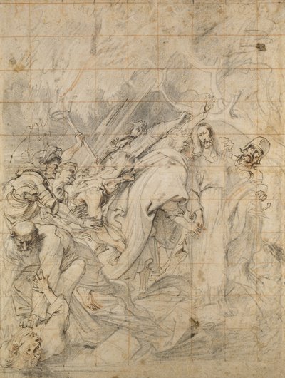 囚われの身となったキリスト（茶色のインクで茶色の紙に黒、白、赤のクレヨン） 作： Anthony van Dyck