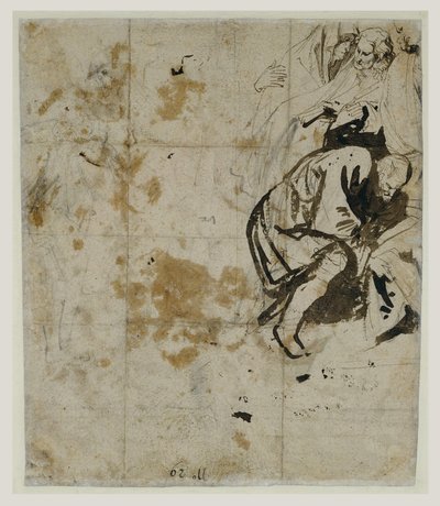 墓の部分的研究（verso）（1617-18）（黒チョーク、ペンと茶色のインク、茶色と赤みを帯びた洗浄、赤と青のチョーク、そして白いガッシュの高まり） 作： Anthony van Dyck