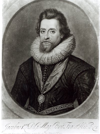 ジェームズ1世（1566-1625）の肖像画（ニコラスヒリアード（1547-1619）による1617年のミニチュア、ジョージヴァーチュー（1684-1756）による彫刻） 作： Anthony van Dyck