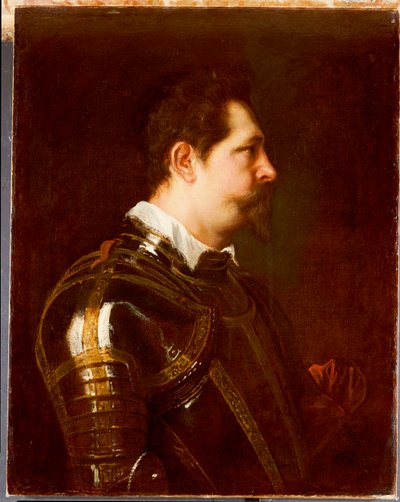 一般的なバストの長さの肖像画。白い襟と赤いサッシュが施されたダマスクの鎧 作： Anthony van Dyck