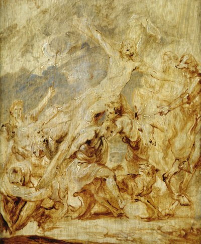 十字架の吊り上げのスケッチ、1630（木の上の油とグリザイユ） 作： Anthony van Dyck