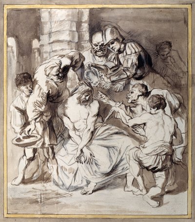 キリストのあざけり（紙にチョークでウォッシュしたペンとインク） 作： Anthony van Dyck