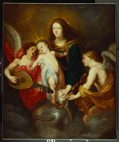 二人のミュージカルエンジェルで罪を乗り越えた聖母子 作： Anthony van Dyck