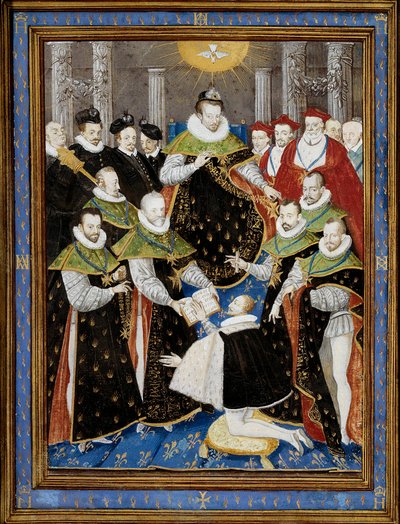 アンリ3世（1551-1589） 1587年 聖霊の騎士団（Order of the Holy Spirit）の最初の式典を司会するアンリ3世（1551-1589） アントワーヌ・キャロン（1521-1599）の後にウィリアム・リシャール（16世紀）が描いたミニチュア 1587年 シャンティイ、コンデ美術館 - アンリ3世（15 作： Antoine (after) Caron