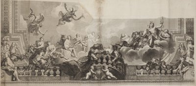 パレロワイヤルのグランドギャラリーの天井の中央パネルのデザイン、ニコラスアンリタルデュー（1674-1749）によって刻まれました 作： Antoine (after) Coypel