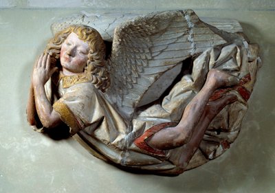 飛翔する天使のレリーフ 多色石灰岩製 アントワーヌ・ド・モトゥリエ（1425-1495）の作品で、「ジャコタン・オジェとその妻ペルネットが捧げる墓参り」のために作られたものです。 オーソワ県セムールのカルム礼拝堂より1490年頃 Sun.0,57x0,4 作： Antoine (attr. to) Le Moiturier