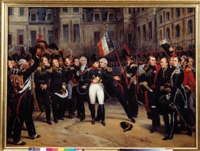 1814年の退位-「1814年4月20日、フォンテーヌブローのシュヴァル・ブランの中庭でナポレオン・ボナパルト（1769-1821）が帝国軍に別れを告げる場面」 アントワーヌ・モンフォール（1802-1884）の絵画 19世紀 日0.98x1.3 m 作： Antoine Alphonse Montfort