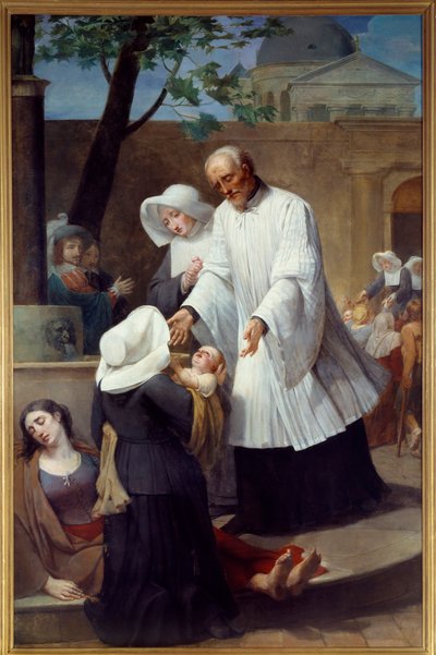農民の世話をする聖ヴィンセント・ド・ポール（1581～1660年）（St Vincent de Paul Helping the Plague Ridden）。アントワーヌ・アンシオー（1764-1840）による絵画。ナント、美術博物館 作： Antoine Ansiaux