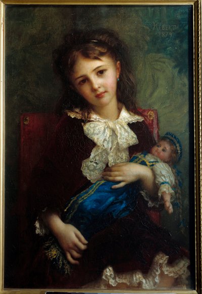 アーネスト・エベール（1817-1908）が描いた人形を腕に抱えたカトリーヌ・ド・ブシャージュの子供の肖像 作： Antoine Auguste Ernest Herbert or Hebert