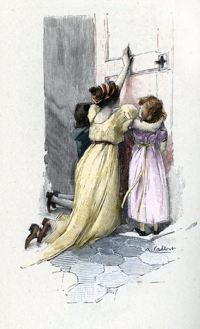 ナポレオン・ボナパルト (1769-1821) の部屋のドアで、子供たちのホルテンスとユージーンと一緒に泣いているジョゼフィーヌ・ド・ボアルネは、エジプト滞在中に婚外の冒険を学んだ後、彼を開くことを拒否しました 作： Antoine Calbet