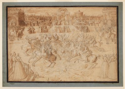 花火の間で馬上槍試合をする乗馬の乗馬ゲーム、1575年-1580年 作： Antoine Caron