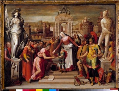 ハリカルナス王妃アルテミス・イエールの歴史：「本とエペの受け渡し」 アントワーヌ・キャロン（1521-1599）の絵画 16世紀 日0,51x0,67 m ボーヴェ、オワーズ出発博物館（Musee departemental de l