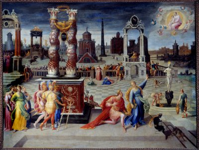 ティブールのシビル ローマ皇帝アウグストゥスが自分より偉大な人間はいないかとシビルに質問したところ、処女が子供を抱いて現れ、救世主の到来を予言します。アントワーヌ・カロン（1521-1599）による絵画 1575-15年頃 作： Antoine Caron