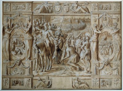 ミラノの服従 1515年、マリニャンの戦いに勝利したフランソワ1世の軍隊は、ミラノの街を奪った。アントワーヌ・カロン（1521-1599）によるペンと水彩のドローイング 16世紀 パリ、ルーヴル美術館 作： Antoine Caron