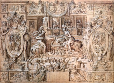 1533年のキャサリンデメディチ（1519-89）とアンリII（1519-59）の結婚の機会に関するトーナメント（紙にペンで記入） 作： Antoine Caron