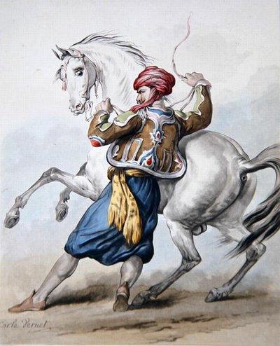 フランスの馬を追い越そうとするペルシャ人（リトグラフ） 作： Antoine Charles Horace Vernet