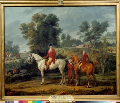 狩猟への出発 フランス王となったルイ・フィリップ2世ジョセフ・ドルレアン（フィリップ・エガリテ）（1747-1793）とシャルトル公（オルレアン公ルイ・フィリップ1世（1773-1850））は、1787年に狩猟の約束をしていました。アントワーヌ・シャルル・ホレス・ヴァーンの絵画 作： Antoine Charles Horace Vernet