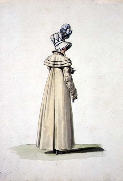 ボンネットをかぶったエレガントな女性（「Incroyables et Merveilleuses」より）（紙に水彩画 作： Antoine Charles Horace Vernet