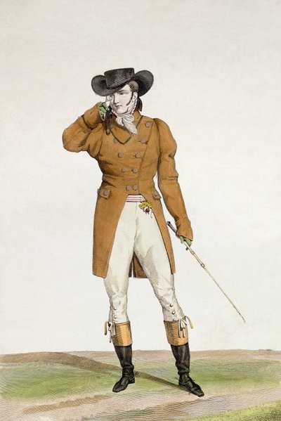 ジョルジュジャックガティーヌ（1773-183年）が刻印した、ボート型の帽子、くすんだ色のジャケット、バックスキンのズボンをまとったダンディ。 作： Antoine Charles Horace Vernet