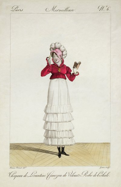 1797年に出版されたジョルジュジャックガティーヌ（1773-1831）によって刻まれた、ファッションプレートの「インクロヤブルエメルヴェイルーズ」シリーズのレバント帽子、ティアードスカート、ベルベットジャケットの女性6 作： Antoine Charles Horace Vernet