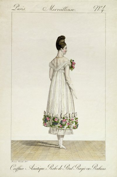 リボンでトリミングされたボールドレスのアジア風の髪型の女性、ジョルジュジャックガティーヌ（1773-1831）によって刻まれた「インクロヤブルエメルヴェイユーズ」シリーズのファッションプレートのプレート4公開1 作： Antoine Charles Horace Vernet