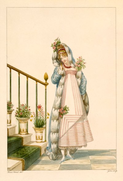 アーミンエッジのケープ付きボールガウン、「Incroyables et Merveilleuses」のイラスト、1801 作： Antoine Charles Horace Vernet