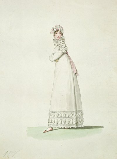「Incroyables et Merveilleuses」のイラストの屋外ドレスを着たエレガントな女性 作： Antoine Charles Horace Vernet