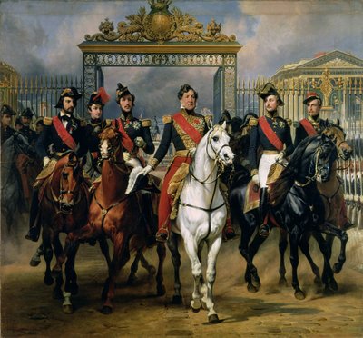 フランスのルイフィリップ王（1773-1850）とその息子たちがヴェルサイユ宮殿を馬に乗って出ました。1846年 作： Antoine Charles Horace Vernet