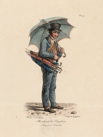 傘とパラソルの売り手、パリの叫びシリーズの23番、フランソワセラフィンデルペック（1778-1825）が刻印 作： Antoine Charles Horace Vernet