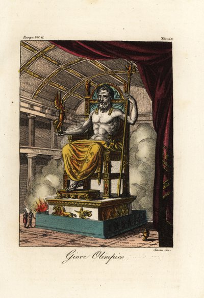 オリンピアのゼウスまたはジュピターの像、紀元前435年頃にギリシャの彫刻家フィディアスが制作した巨大な座像、ギリシャのオリンピアの聖域にて 作： Antoine Chrysostome Quatremère de Quincy