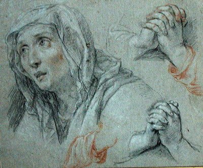 Estudos para a Figura da Virgem, c.1700 (giz preto e vermelho realçado com branco sobre papel) 作： Antoine Coypel
