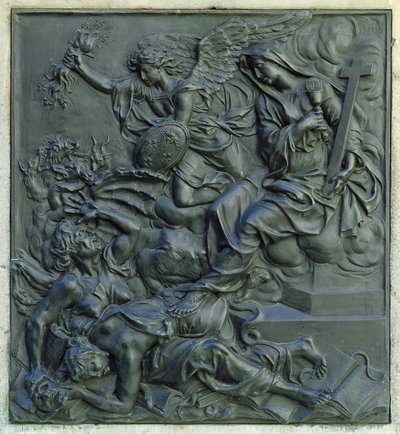 異端者を追放するフランスの天使、ルイ14世の像の台座からの詳細、c.1687（ブロンズ） 作： Antoine Coysevox