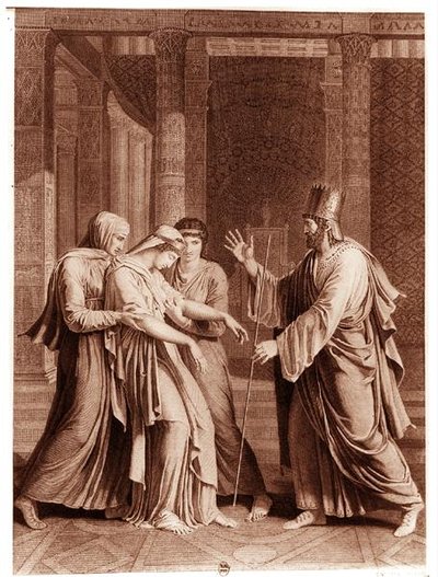 アッスルスの前のエステル』ジャン・ラシーヌ（1639-99）作「エステル」よりマチュー（彫刻）による挿絵（モノクロ写真） 作： Antoine Denis (after) Chaudet