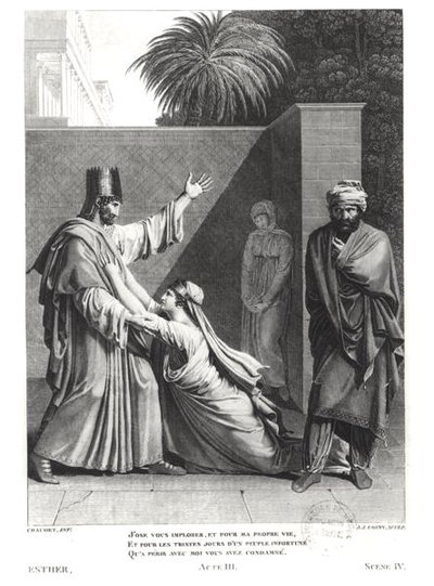 アマンの存在下でのエステル・インプリアリング・アスエルス、JJラ・コニー（1761-1809）によって彫刻されたジャン・ラシーン（1639-99）によるエステルのイラスト 作： Antoine Denis Chaudet