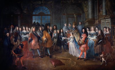 1697年7月12日、ブルゴーニュ公ルイ・ド・フランスとサヴォイ家のマリー・アデライドの結婚 中央にいる国王ルイ14世（1638-1715）の立会いのもと、式が行われる。結婚する若者たちは、コワスリン枢機卿によって祝福されます。アントワーヌ・デューの絵画（166 作： Antoine Dieu