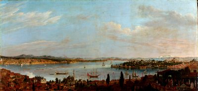 Panoramic View of Istanbul, Turkey"" (イスタンブールのパノラマ ビュー) Antoine Favray (1706-1791) による絵画 キャンバスに油彩 18 世紀 Dim 100x213 cm ペラ博物館、イスタンブール 作： Antoine Favray
