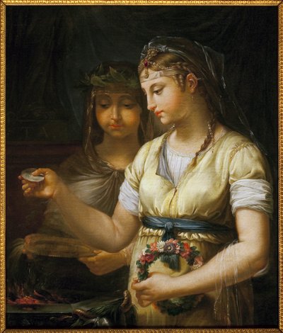 生贄を準備する2人のヴェスタル。アントワーヌ・フランソワ（アントワーヌ＝フランソワ）・カルレ（1741-1823）の絵画、油彩・キャンバス 作： Antoine François Callet