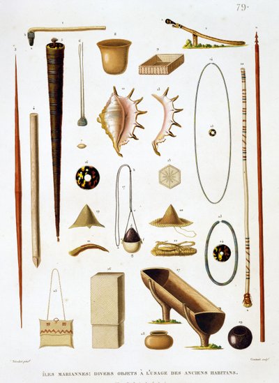 マリアーナ諸島の家庭用品と武器、ヴォヤージュオートゥールデュモンド（1817-20）、ルイクロードデザルスドフレシネ（1779-1842）、ジャンルイデニスクータン（1776-1831）、p 作： Antoine Germain Bevalet