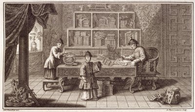 A.メゾンヌーヴ、1670年代頃に刻まれた中国のオランダ大使館の記事からの中国の書道店 作： Antoine Humblot