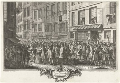 Rue Quinquempoix、1720年から 1720年のQuinquempoix通り（オブジェクトのタイトル） Het Groote Tafereel der Dwaasheid (シリーズタイトル) 作： Antoine Humblot